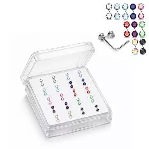 925 Sterling Silver Jeweled Double Bezel L-Bend Nose Stud Box (20 Pieces)