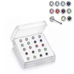 Professional wholesale display box of 925 sterling silver bezel-set round rhinestone nose screw studs in assorted colors.