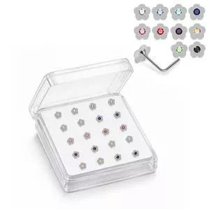 Professional wholesale display box of 925 sterling silver flower rhinestone L-bend nose studs in assorted rhinestone colors.