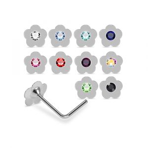 Assorted rhinestone flower L-bend nose studs in 925 sterling silver featuring multiple colors including blue, pink, red, green, black, and aurora borealis.