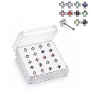 Professional wholesale display box of 925 sterling silver bezel-set round rhinestone nose pins in assorted colors.
