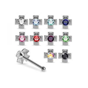 Assorted bezel-set round rhinestone nose pins in 925 sterling silver featuring multiple colors including blue, pink, red, green, black, and aurora borealis.