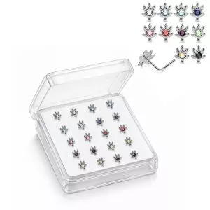 925 Sterling Silver Jeweled Maple Leaf L-Bend Nose Stud Box (20 Pieces)