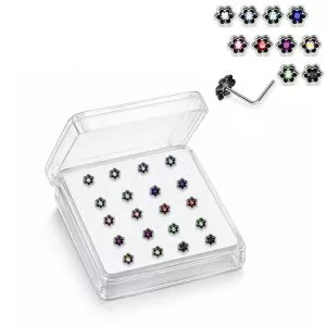 Professional wholesale display box of 925 sterling silver jeweled petal bloom rhinestone L-bend nose studs in assorted colors.
