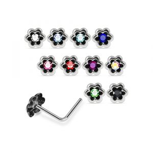 Assortment of rhinestone colors for 925 sterling silver jeweled petal bloom L-bend nose studs including clear, aqua, sapphire blue, pink, red, green, AB, and black.
