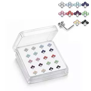 925 Sterling Silver Jeweled Quad Cluster  L-Bend Nose Stud Box (20 Pieces)