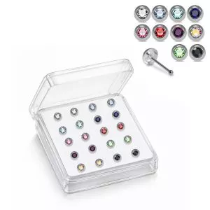 Professional wholesale display box of 925 sterling silver round bezel nose bone studs in assorted rhinestone colors.