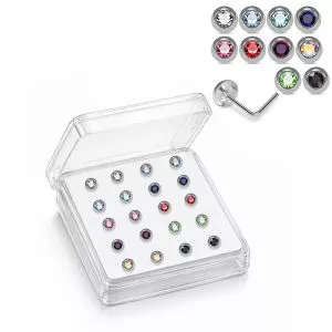 Professional wholesale display box of 925 sterling silver round bezel CZ nose bone studs in assorted rhinestone colors.