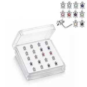 925 Sterling Silver Jeweled Sea Turtle L-Bend Nose Stud Box (20 Pieces)