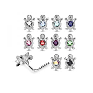 925 Sterling Silver Jeweled Sea Turtle L-Bend Nose Stud Box (20 Pieces)
