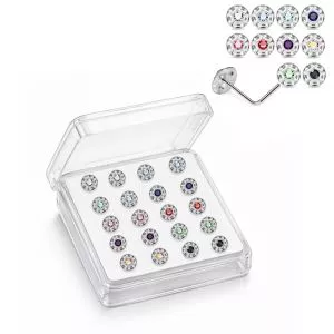 Professional wholesale display box of 925 sterling silver jeweled shield rhinestone L-bend nose studs in assorted colors.