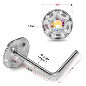 Technical close-up of a 925 sterling silver jeweled shield rhinestone L-bend nose stud showing 22 gauge (0.6mm) thickness, 4mm top size, and 1.5mm stone.