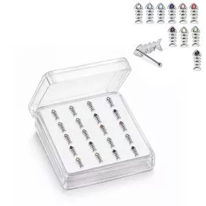 Professional wholesale display box of 925 sterling silver jeweled skeleton fish rhinestone ball end nose studs in assorted colors.