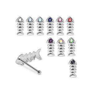 Assortment of rhinestone colors for 925 sterling silver jeweled skeleton fish ball end nose studs including clear, aqua, sapphire blue, pink, red, green, AB, and black.