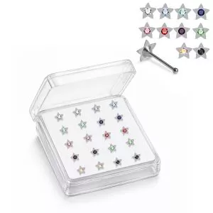 Professional wholesale display box of 925 sterling silver star rhinestone nose bone studs in assorted colors.