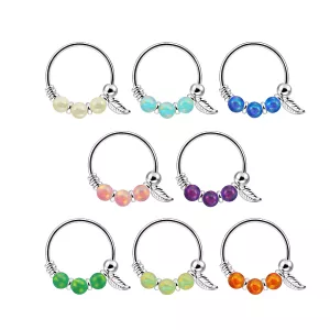 925 Sterling Silver Opal Bead with Leaf Charm Nose Hoop Ring