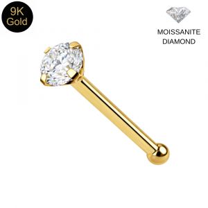 9K Solid Yellow Gold Brilliant Moissanite Diamond Claw-Set Ball end Nose Pin (22G)