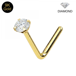 9K Solid Yellow Gold Prestige Genuine Diamond L-Bend Nose Stud (22G)