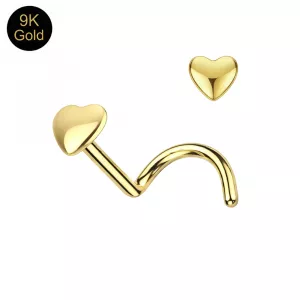 Polished 9K yellow gold heart top nose screw on a white background.