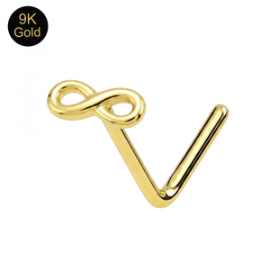 Close-up macro view of the 9K solid gold infinity symbol highlighting the artisan-buffed mirror finish.