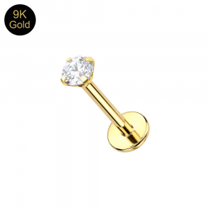 Macro view of a 9K solid gold labret featuring a brilliant-cut 3mm moissanite diamond stone for tragus and helix piercings.