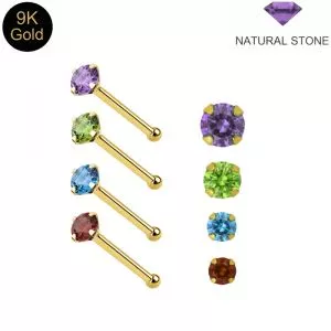 9K Solid Yellow Gold Prism Natural Stone Claw-Set Ball end Nose Pin (22G)