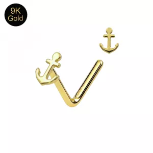 9K Solid Yellow Gold Nautical Anchor L-Bend Nose Stud (22G)
