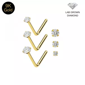 9K Solid Gold Prong-Set Round Lab-Grown Diamond L-Bend Nose Stud (22G)