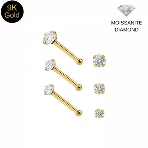 9K Solid Yellow Gold Brilliant Moissanite Diamond Claw-Set Ball end Nose Pin (22G)