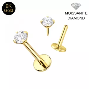 9K solid gold 16G threadless labret set showing the 3mm moissanite diamond top and the 1.2mm post base with a flat disk backing separately.