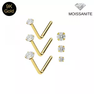 9K Solid Gold Claw-Set VVS Moissanite L-Bend Nose Stud (22G)