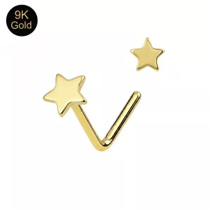 Main product view of a 9K solid yellow gold L-bend nose stud with a 3mm star design.