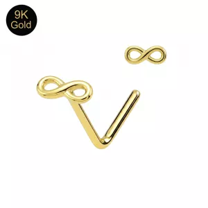 Main product view of a 9K solid yellow gold L-bend nose stud with a 3mm x 6mm infinity design.