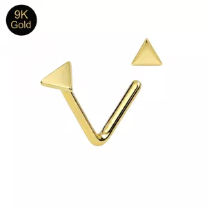 Main product view of a 9K solid yellow gold L-bend nose stud with a 3mm triangle design.