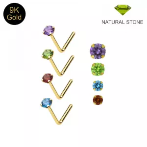 9K Solid Yellow Gold Claw-Set Natural Stone L-Bend Nose Stud | 22G