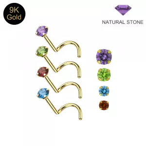 9K Solid Yellow Gold Claw-Set Natural Stone Screw Nose Stud | 22G
