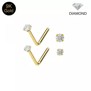 9K Solid Yellow Gold Prestige Genuine Diamond L-Bend Nose Stud (22G)