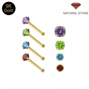 9K solid gold 22G prism ball end nose pin assortment with genuine claw-set natural gemstones including Amethyst, Blue Topaz, Garnet, and Peridot.