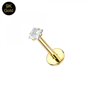 Assembled 9K solid yellow gold threadless labret with a high-clarity square CZ prong-set top and a 3mm high-polish flat disk base.