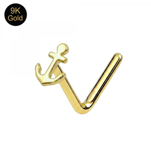 9K Solid Yellow Gold Nautical Anchor L-Bend Nose Stud (22G)