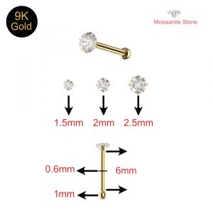 9K Gold Claw-Set Moissanite Nose Pin with Fixed Ball End