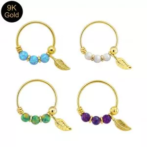 9K Solid Gold Opal Leaf Nose Ring Hoop – 22G 8mm Nose & Tragus Piercing Jewelry
