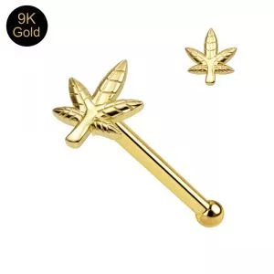 9K Solid Yellow Gold Marijuana Leaf Nose Stud 22G – Ball End Nose Pin