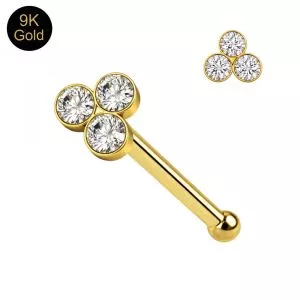 9K Solid Yellow Gold Triple CZ Stone Nose Stud 22G – Ball End Nose Pin