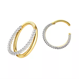 9K Two-Tone Gold Twisted Rope Double Stack Hinged Segment Clicker Ring | 18G