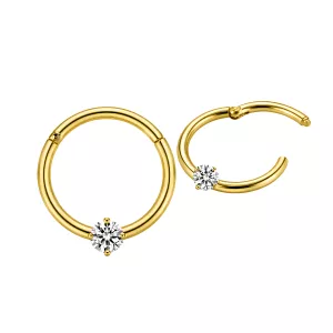 9K Yellow Gold 2mm Single Jeweled CZ Hinged Segment Clicker Ring | 18G
