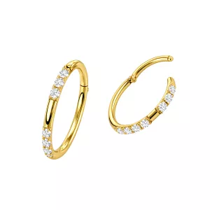 9K solid yellow gold split-line CZ jeweled hinged segment clicker ring shown in open and closed positions for professional inventory selection.