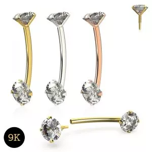 9K Gold Internally Threaded Round CZ Jeweled Eyebrow Piercing