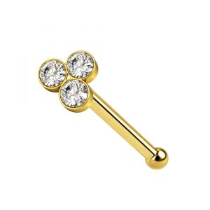 9K Solid Yellow Gold Triple CZ Stone Nose Stud 22G – Ball End Nose Pin