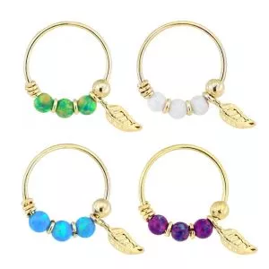9K Yellow Gold Opal Stones with Leaf Hoop Nose Ring